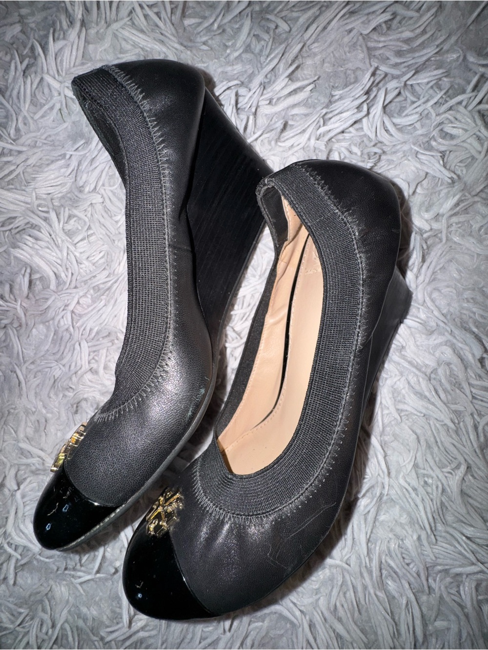 Tory Burch Black Cap Toe Wedge Pumps Size 7.5
